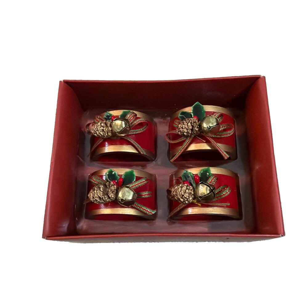 Vtg Lenox Christmas Napkin Rings Winter Greetings Set Of 4 Red & Gold Classic